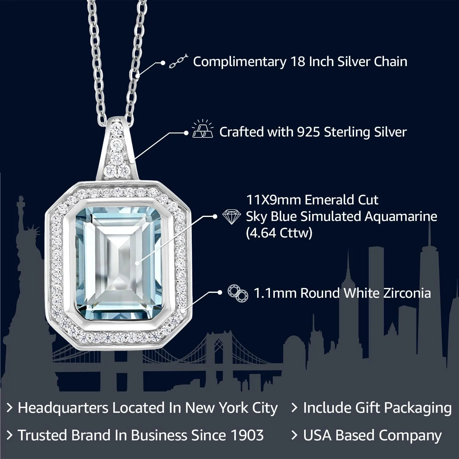 Gem Stone King Gemstone Birthstone Pendant Necklace for Women | 11X9MM Emerald Cut | 925 Sterling Silver | With 18 Inch Silver Chain | Fine Jewelry Gifts for Her Mom Women Wife