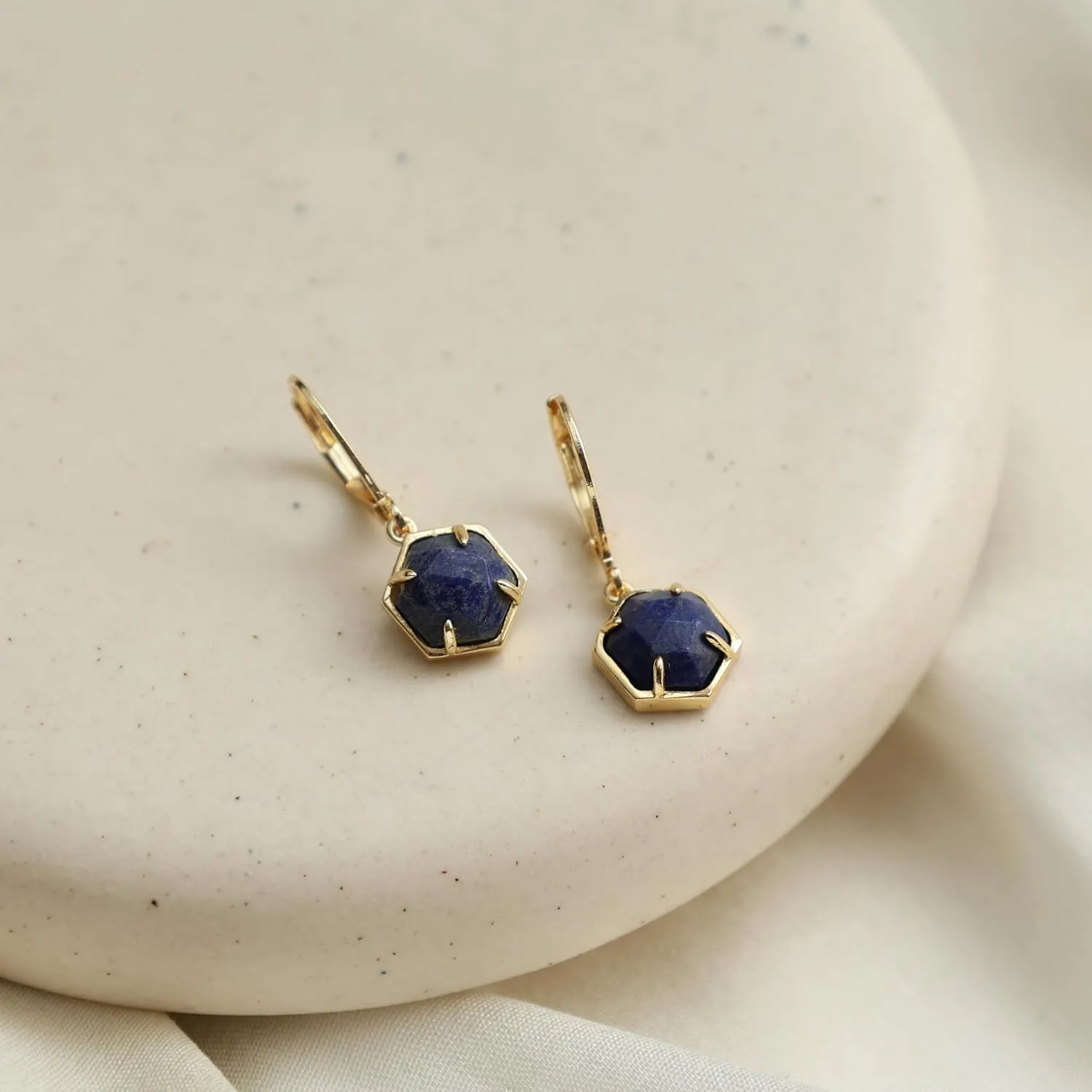 Gempires Natural Lapis Lazuli Bezel Leverback Hoop Earrings Crystal Dangle Drop Earrings For Women Birthstone Jewelry For Women