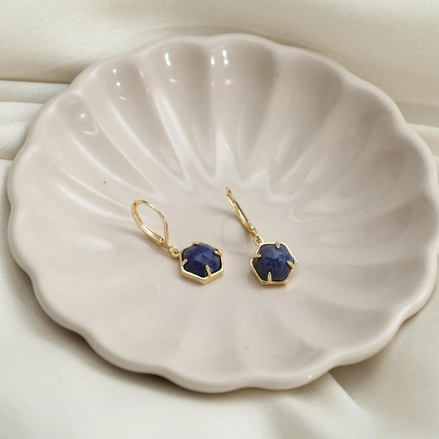 Gempires Natural Lapis Lazuli Bezel Leverback Hoop Earrings Crystal Dangle Drop Earrings For Women Birthstone Jewelry For Women
