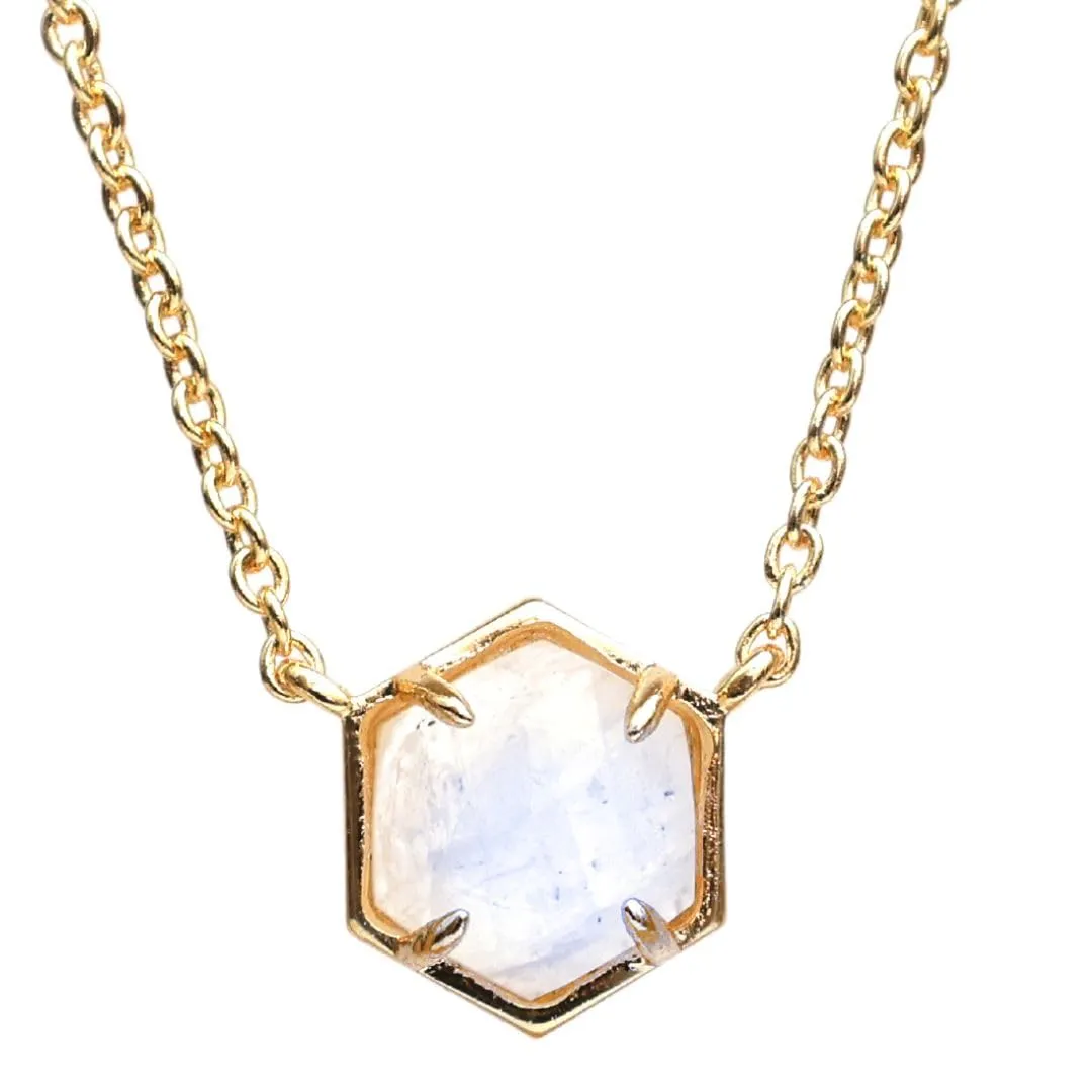Gempires Natural Rainbow Moonstone Hexagon Pendant Necklace Dainty Chain Necklaces For Women June Birthstone Bezel Jewelry 18-inch Adjustable Chain