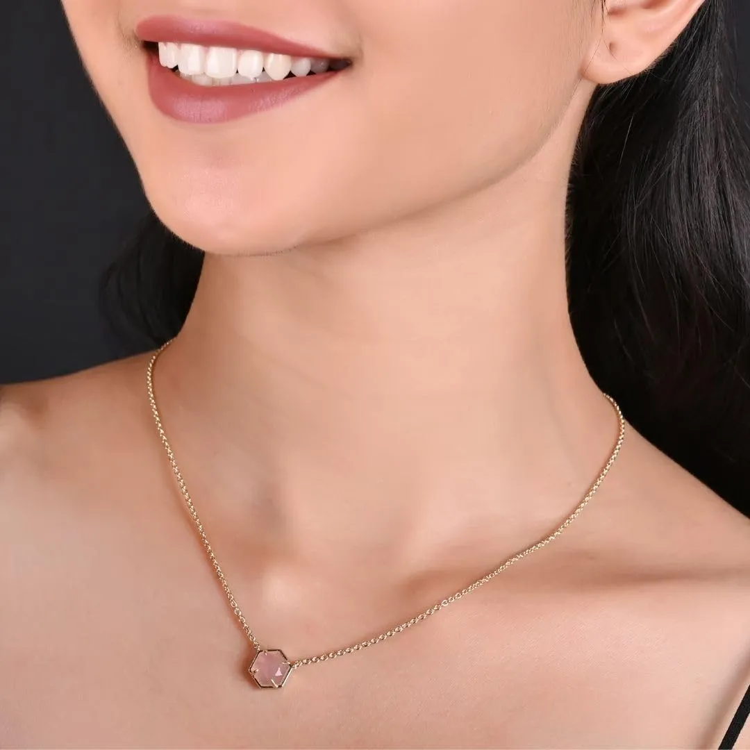 Gempires Natural Rainbow Moonstone Hexagon Pendant Necklace Dainty Chain Necklaces For Women June Birthstone Bezel Jewelry 18-inch Adjustable Chain