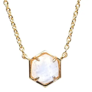 Gempires Natural Rainbow Moonstone Hexagon Pendant Necklace Dainty Chain Necklaces For Women June Birthstone Bezel Jewelry 18-inch Adjustable Chain