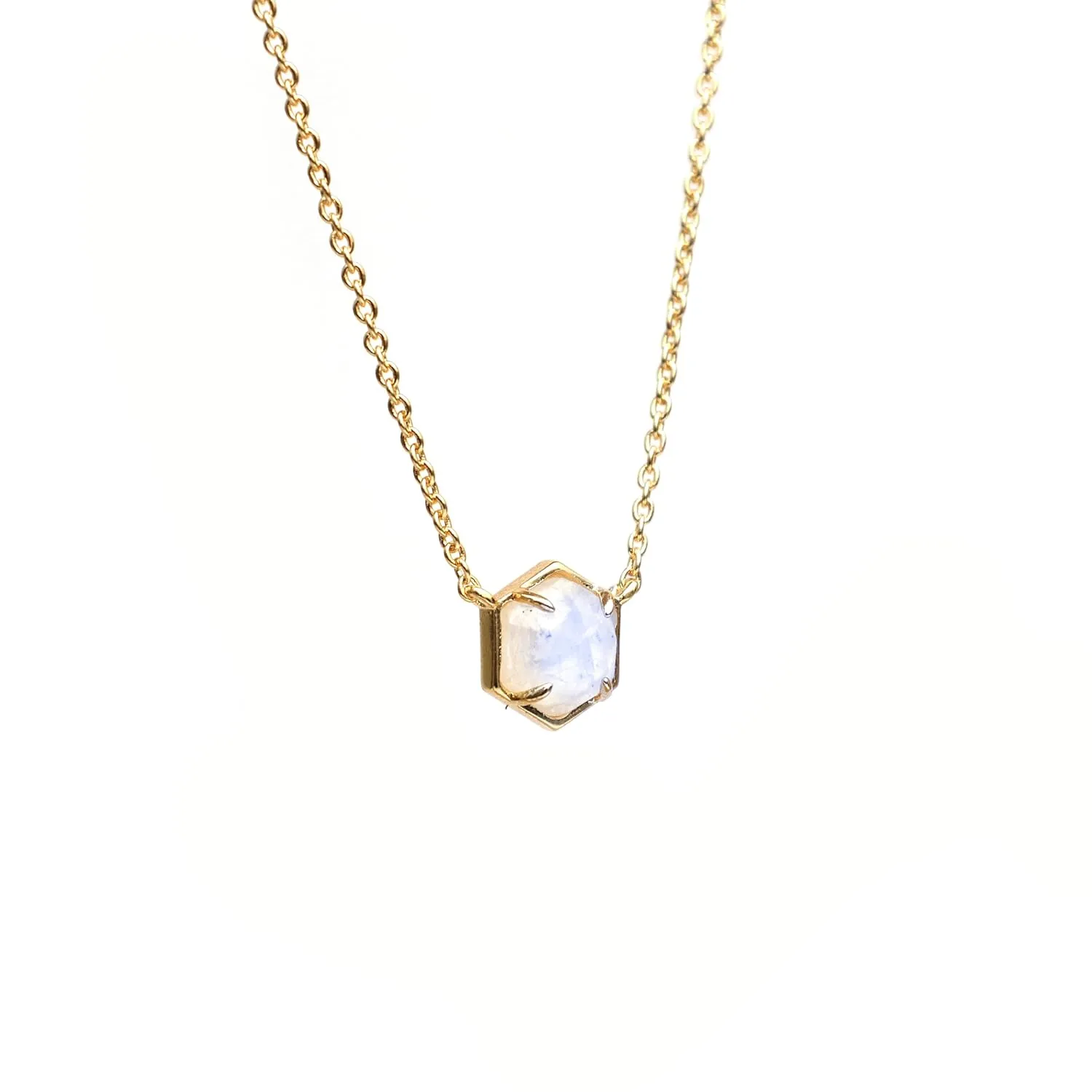 Gempires Natural Rainbow Moonstone Hexagon Pendant Necklace Dainty Chain Necklaces For Women June Birthstone Bezel Jewelry 18-inch Adjustable Chain