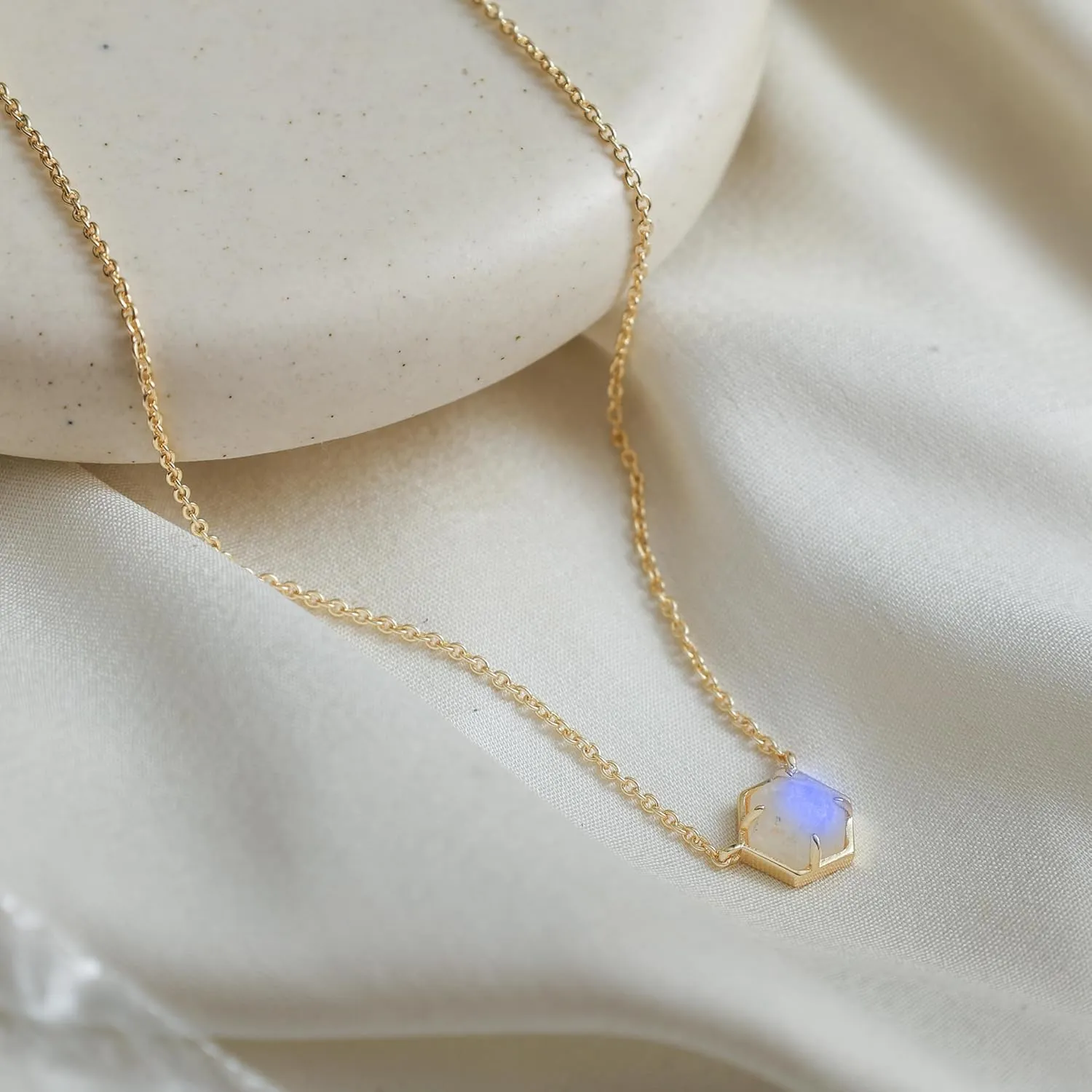 Gempires Natural Rainbow Moonstone Hexagon Pendant Necklace Dainty Chain Necklaces For Women June Birthstone Bezel Jewelry 18-inch Adjustable Chain