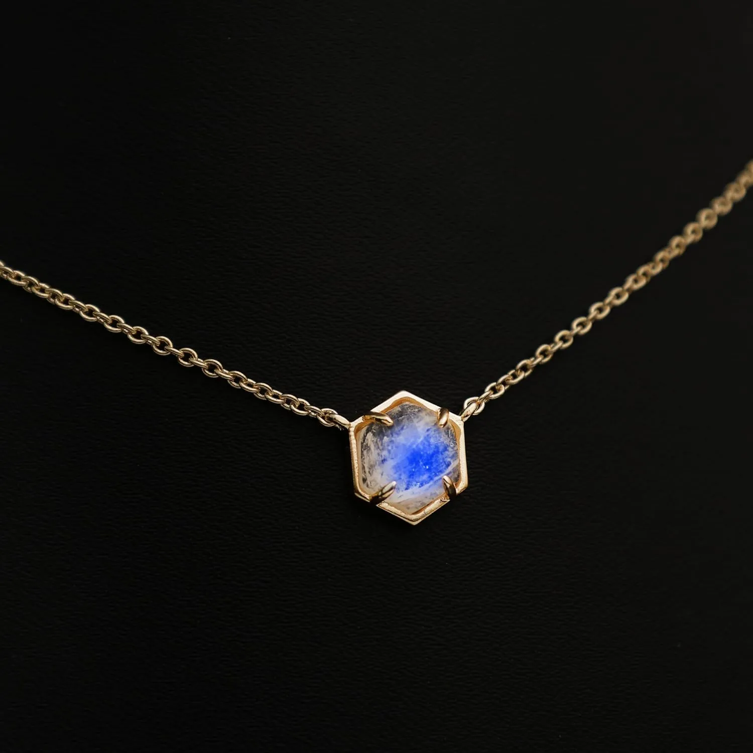 Gempires Natural Rainbow Moonstone Hexagon Pendant Necklace Dainty Chain Necklaces For Women June Birthstone Bezel Jewelry 18-inch Adjustable Chain