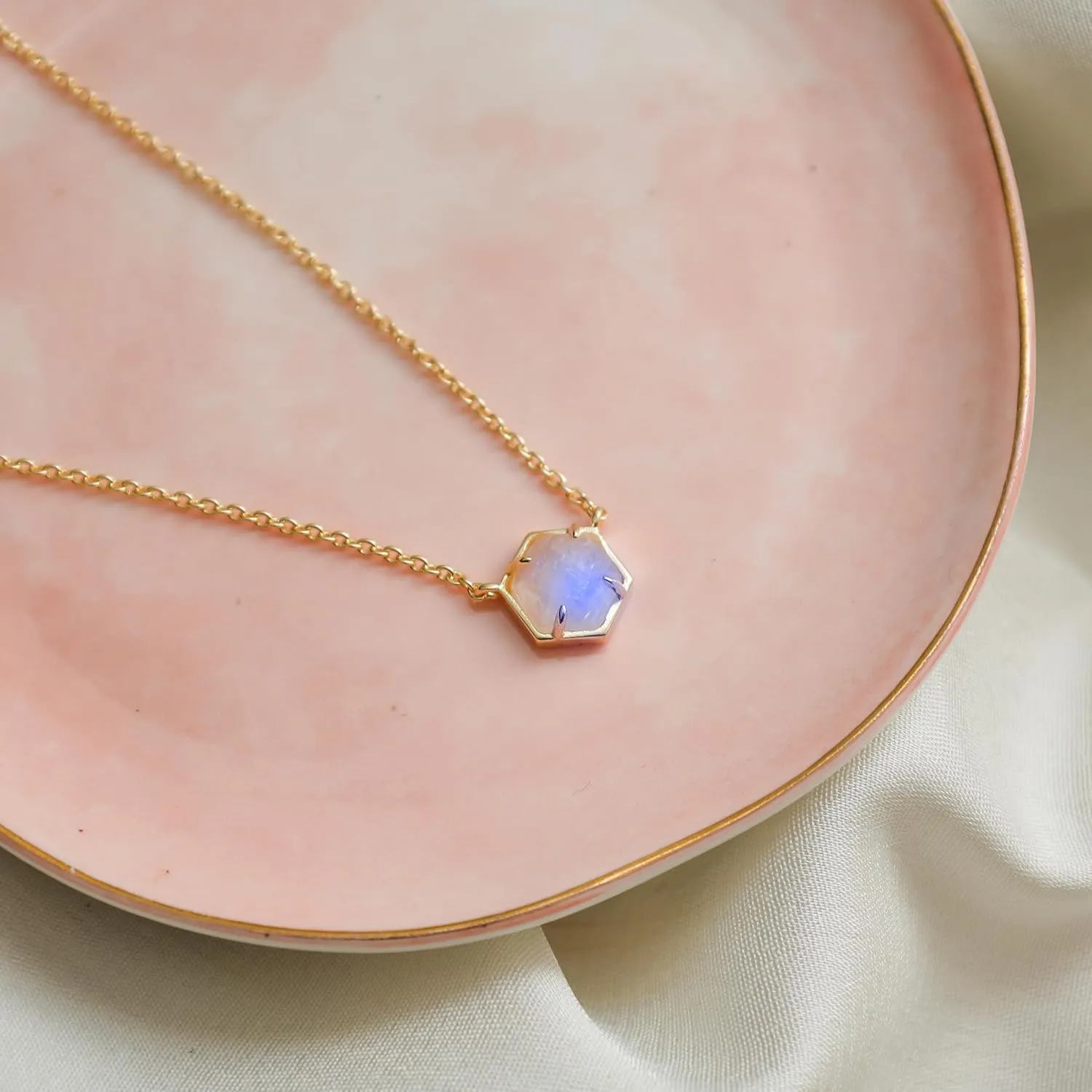 Gempires Natural Rainbow Moonstone Hexagon Pendant Necklace Dainty Chain Necklaces For Women June Birthstone Bezel Jewelry 18-inch Adjustable Chain