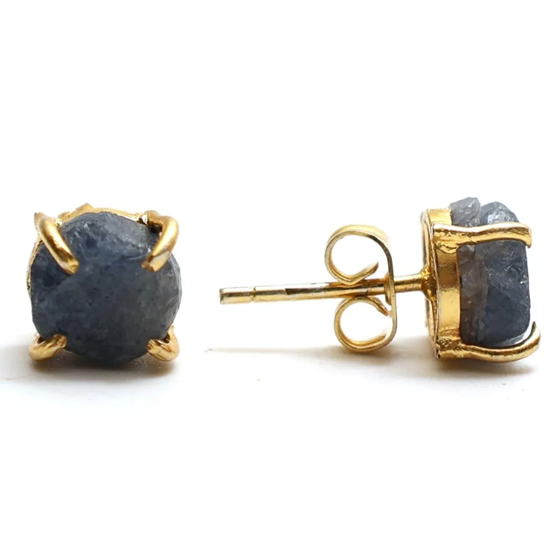 Gempires Natural Raw Blue Sapphire Prong Setting Stud Earrings Gemstone Handmade Crystals Earring September Bithstone Women Jewelry Gifts