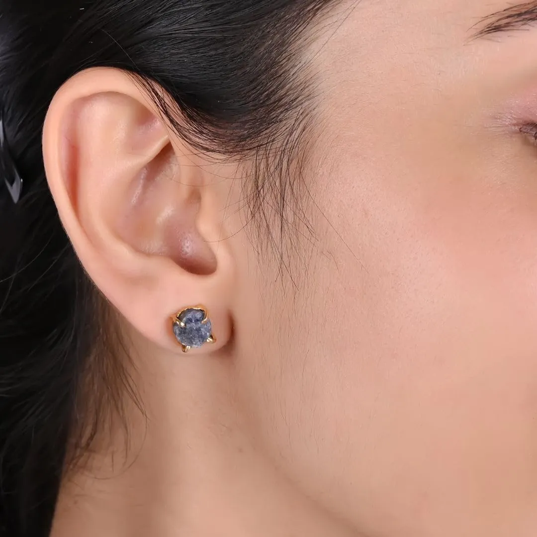 Gempires Natural Raw Blue Sapphire Prong Setting Stud Earrings Gemstone Handmade Crystals Earring September Bithstone Women Jewelry Gifts