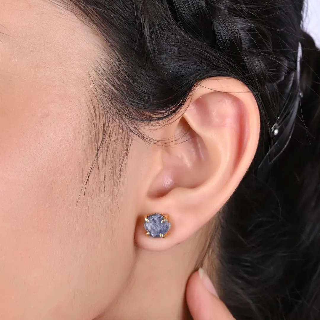 Gempires Natural Raw Blue Sapphire Prong Setting Stud Earrings Gemstone Handmade Crystals Earring September Bithstone Women Jewelry Gifts