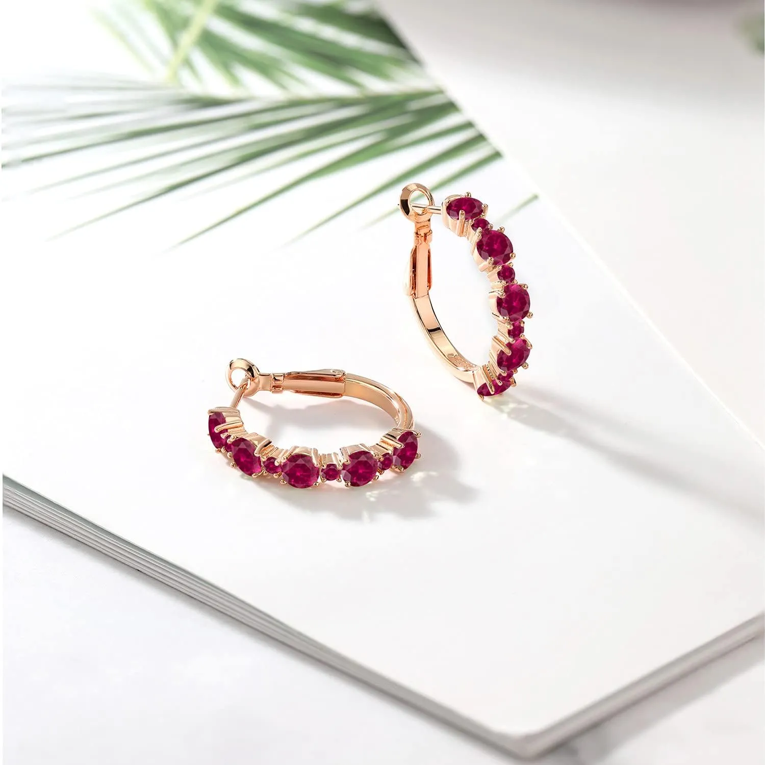 Gemstone Birthstone Hoop Earrings for Women in 18K Rose Gold Plated Silver| Alternating Round 4MM and 1.9MM Stones | Elegant Graduated Design | Fine Jewelry Earrings | 1 Inch Diameter Hoops
