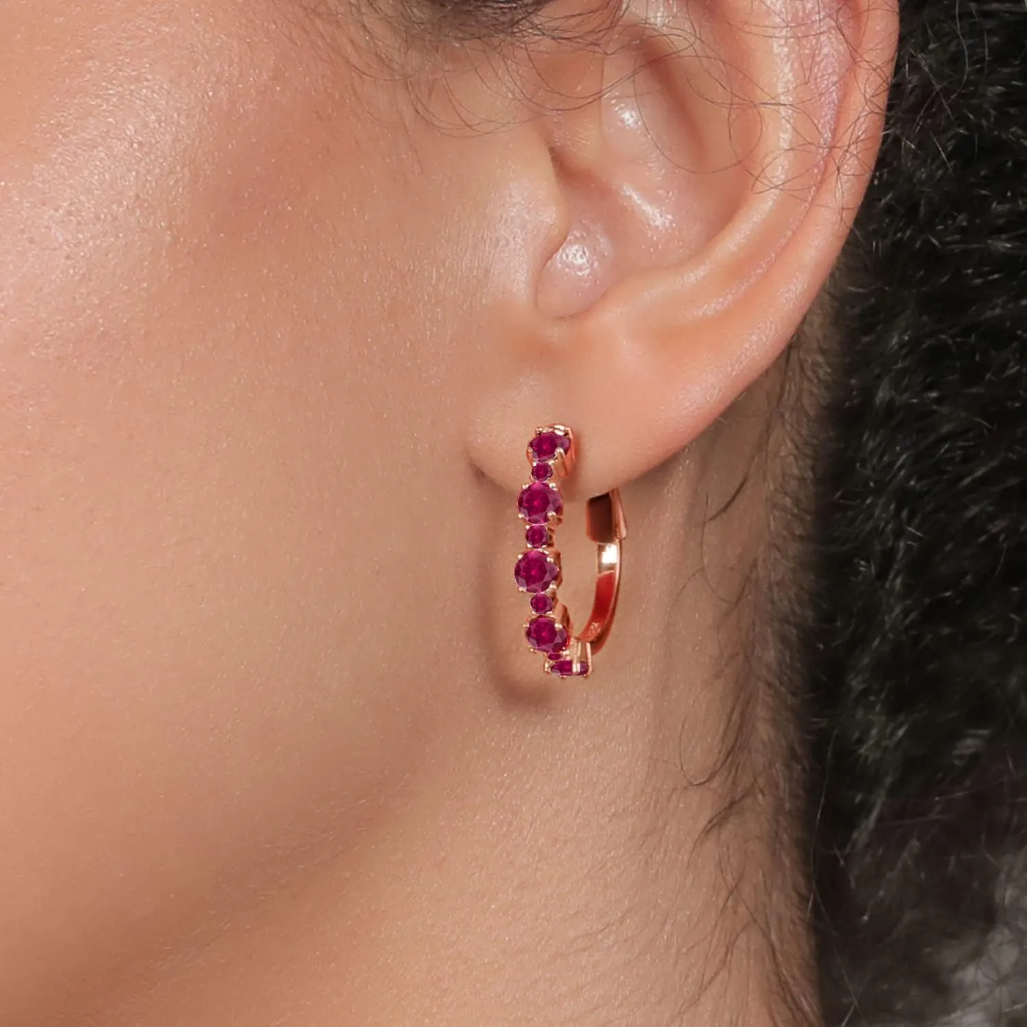 Gemstone Birthstone Hoop Earrings for Women in 18K Rose Gold Plated Silver| Alternating Round 4MM and 1.9MM Stones | Elegant Graduated Design | Fine Jewelry Earrings | 1 Inch Diameter Hoops