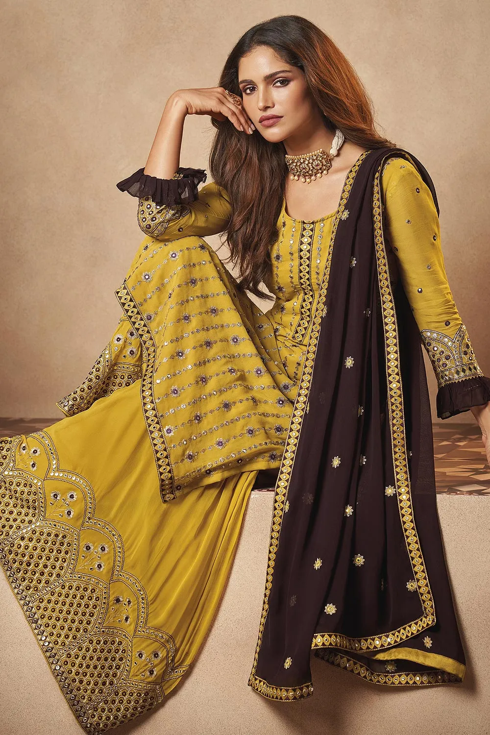 Georgette Sunny Yellow Mirror Embroidered Sharara Suit