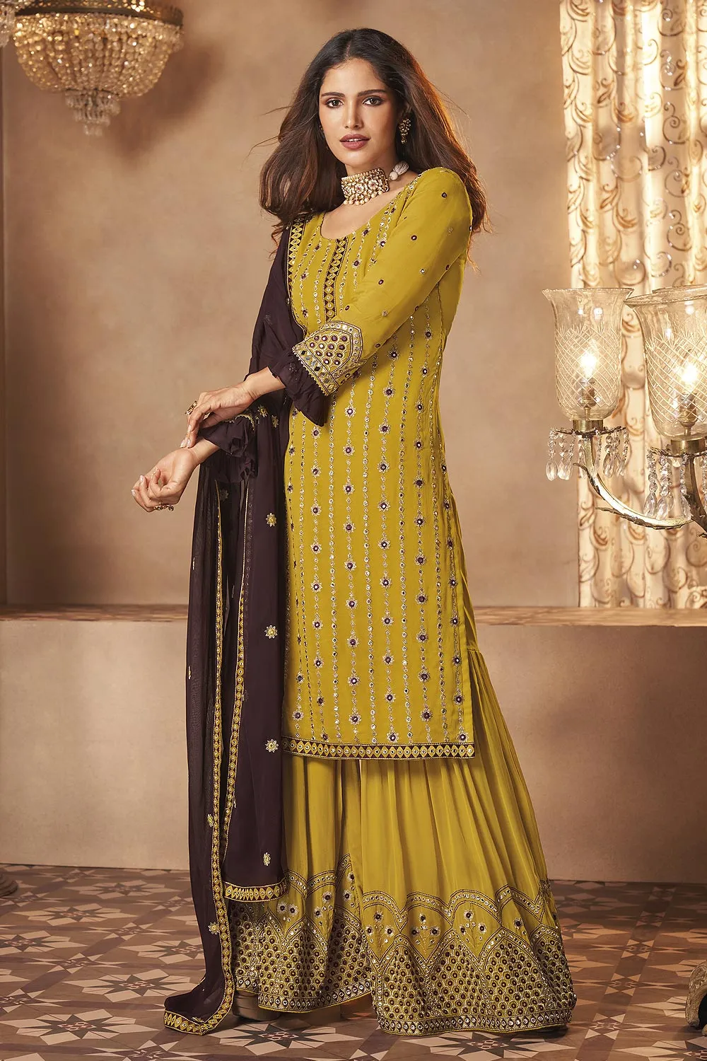 Georgette Sunny Yellow Mirror Embroidered Sharara Suit