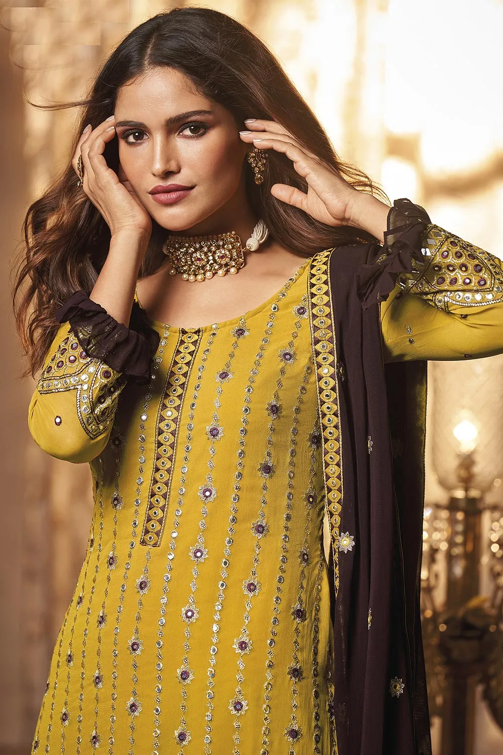 Georgette Sunny Yellow Mirror Embroidered Sharara Suit
