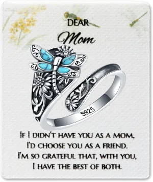 Gift for Mom for Mother's Day Birthday - Sterling-Silver Turquoise Dragonfly Spoon Ring - Vintage Boho Sunflower Thumb Rings Wrap Ring Victorian Style Antique Floral Jewelry Gifts