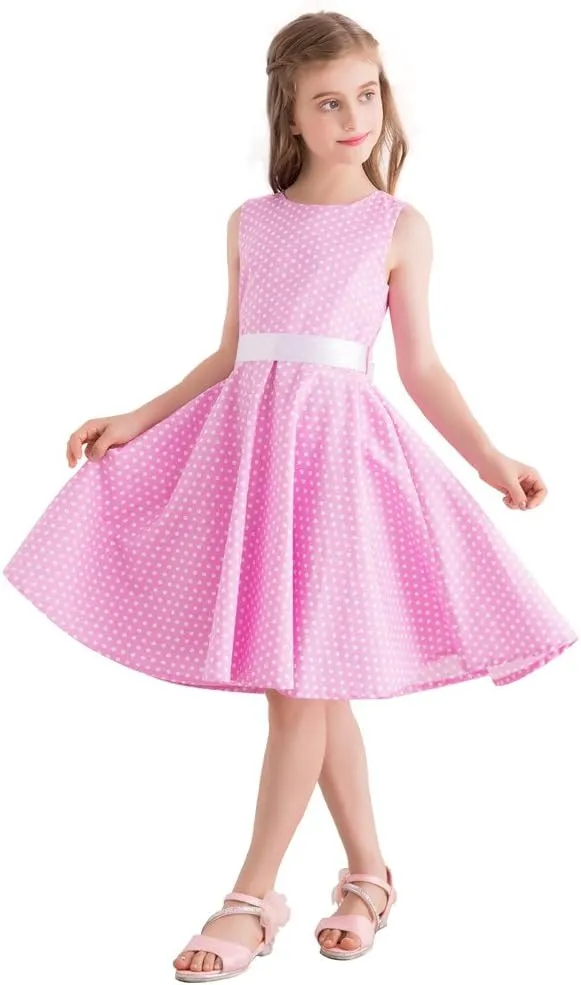 Girls 3-12 Years Vintage Polka Dot Swing Sleeveless Party Dress