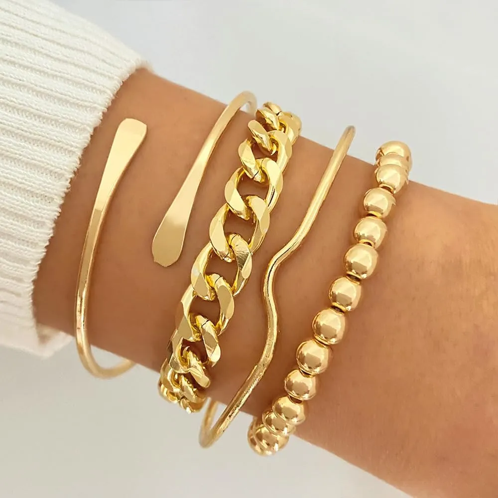 Gold Bangle Bracelets for Women, 14k Gold Plated Multi Layer Cuff Bangles Set, Stackable Boho Non Tarnish Elegance Smooth Bangle Jewelry Gifts for Her