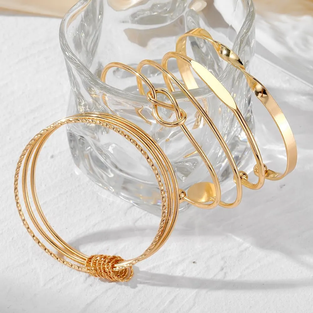 Gold Bangle Bracelets Set for Women, 14k Gold Plated Multi Layer Stackable Cuff Bracelets, Personalized Boho Non Tarnish Adjustable Bangle Jewelry Gift for Her