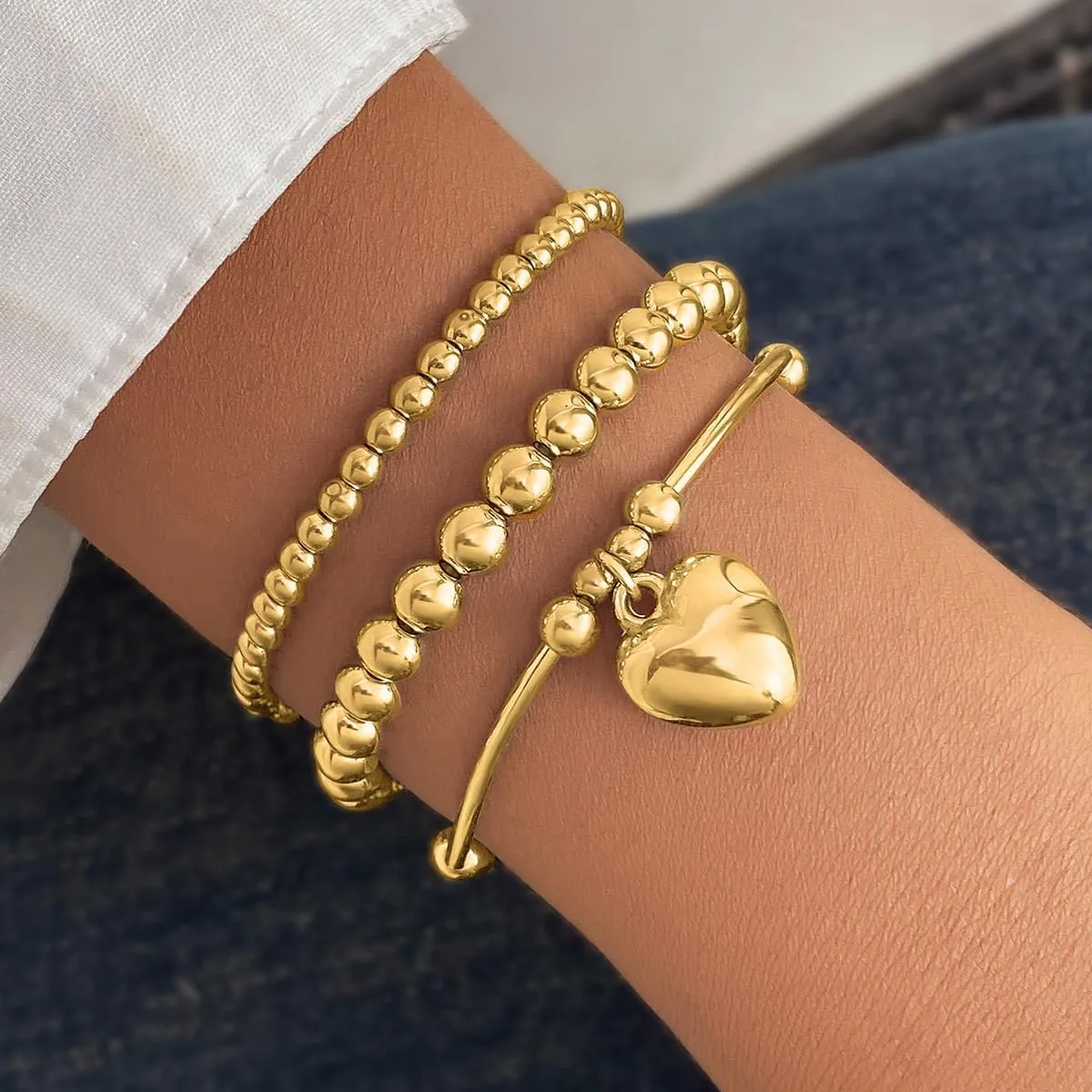 Gold Bangle Bracelets Set for Women, 14k Gold Plated Multi Layer Stackable Cuff Bracelets, Personalized Boho Non Tarnish Adjustable Bangle Jewelry Gift for Her