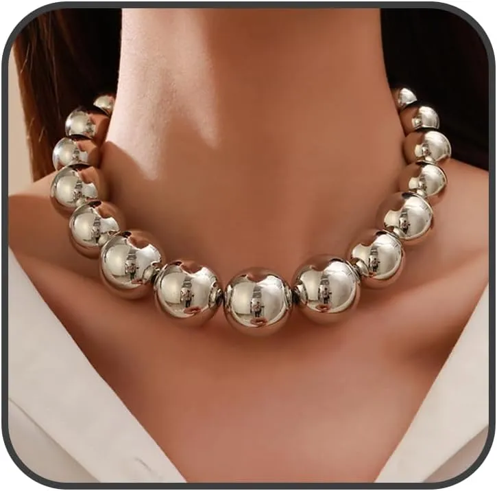 Gold Chunky Necklaces for Women Dainty Big Ball Beaded Choker Necklace Hip Hop Punk Statement Heavy Necklace Accessories Ball Choker Necklace Silver Chunky Jewelry