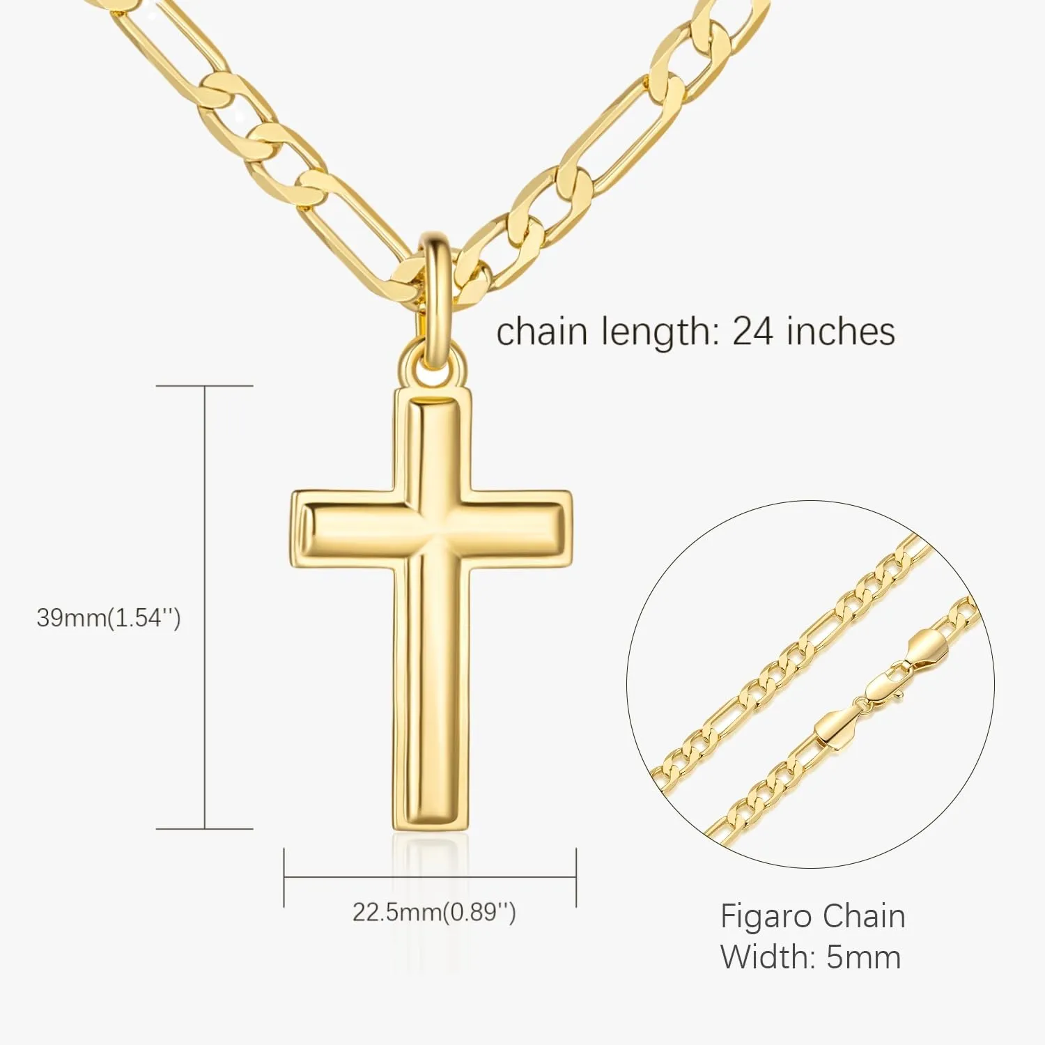 Gold Cross Necklace for Mens Cross Chain Faithful Gold Pendant for Men 3-in-1 Figaro Chain Mens Necklaces 20/22/24in