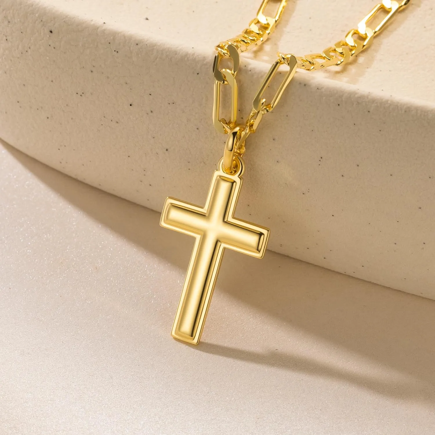 Gold Cross Necklace for Mens Cross Chain Faithful Gold Pendant for Men 3-in-1 Figaro Chain Mens Necklaces 20/22/24in