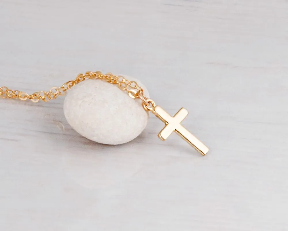 Gold Cross Necklace for Women, Minimalist Cross Pendant Necklaces, Length 16-18 Inches, Handmade Christian Jewelry, Religious Gift, Small Cross Necklace (Gold 16" 2" extender)