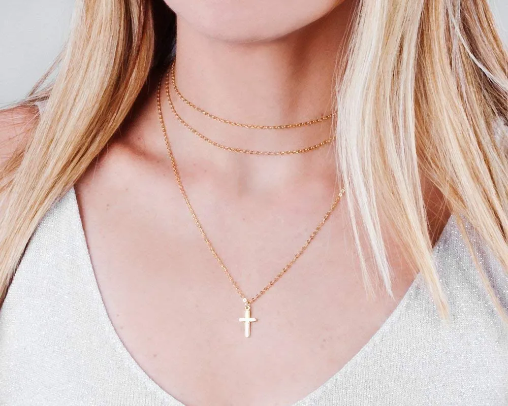 Gold Cross Necklace for Women, Minimalist Cross Pendant Necklaces, Length 16-18 Inches, Handmade Christian Jewelry, Religious Gift, Small Cross Necklace (Gold 16" 2" extender)