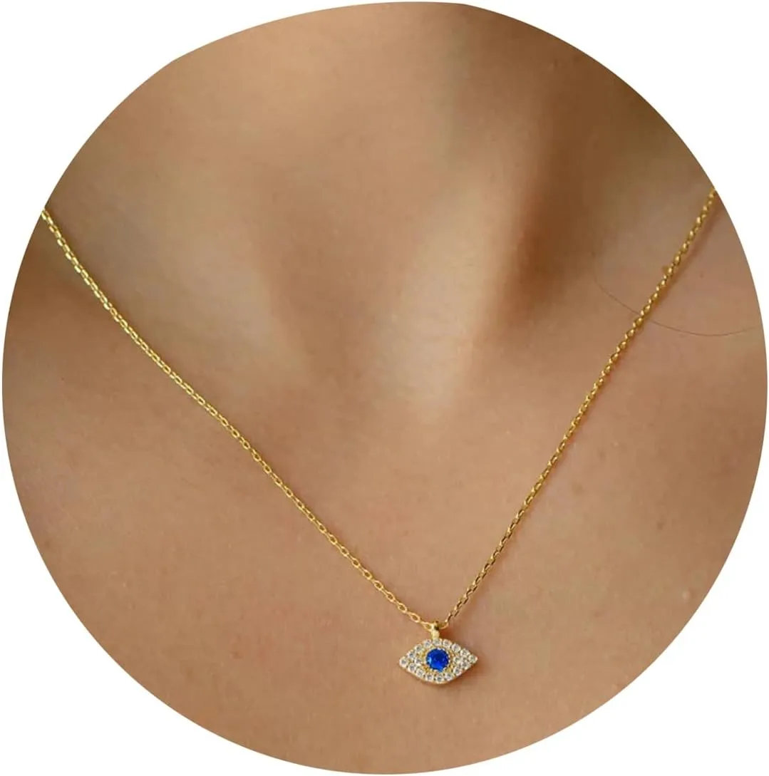 Gold Evil Eye Necklace,14K Gold Plated Dainty Solitaire Minimalist Diamond Evil Eye Simple Necklace For Women Gold Jewelry Gifts