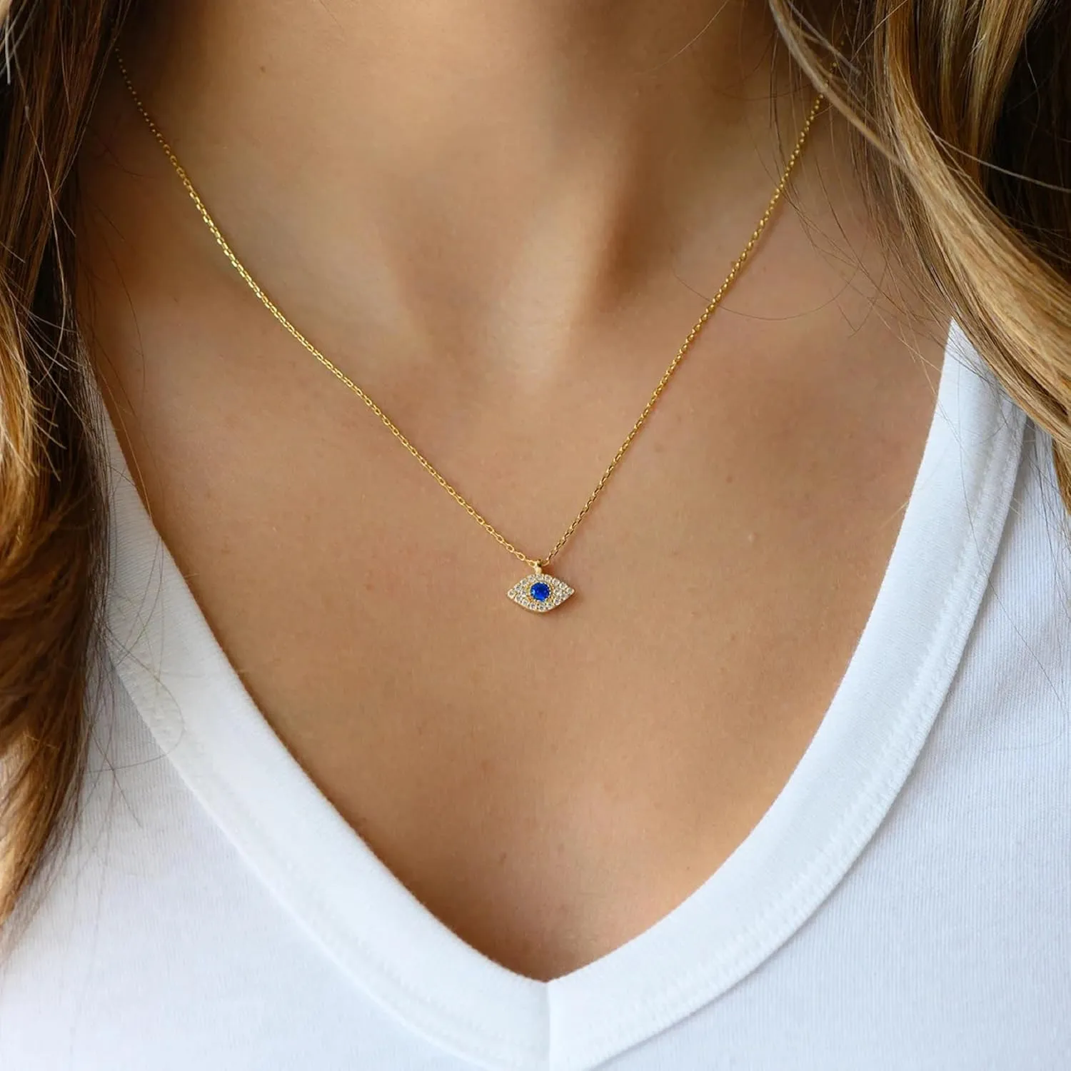 Gold Evil Eye Necklace,14K Gold Plated Dainty Solitaire Minimalist Diamond Evil Eye Simple Necklace For Women Gold Jewelry Gifts