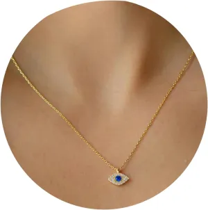 Gold Evil Eye Necklace,14K Gold Plated Dainty Solitaire Minimalist Diamond Evil Eye Simple Necklace For Women Gold Jewelry Gifts