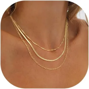Gold Herringbone Necklace for Women, Dainty Layered Gold Necklaces Snake Simple 14K Gold Plated Chain Choker Necklaces Stack Chunky Trendy Gold Jewelry Gift for Women