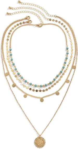 Gold Layered Necklaces for Women Long Glitter Boho Turquoise Beaded Coin Stacked Choker Necklaces Country Concert Necklace Jewelry