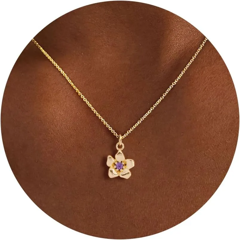 Gold Necklace for Women-14K Gold Plated Dainty Birth Flower Necklace Floral Birthstone Necklace for Women Birth Month Flower Necklace Jewelry