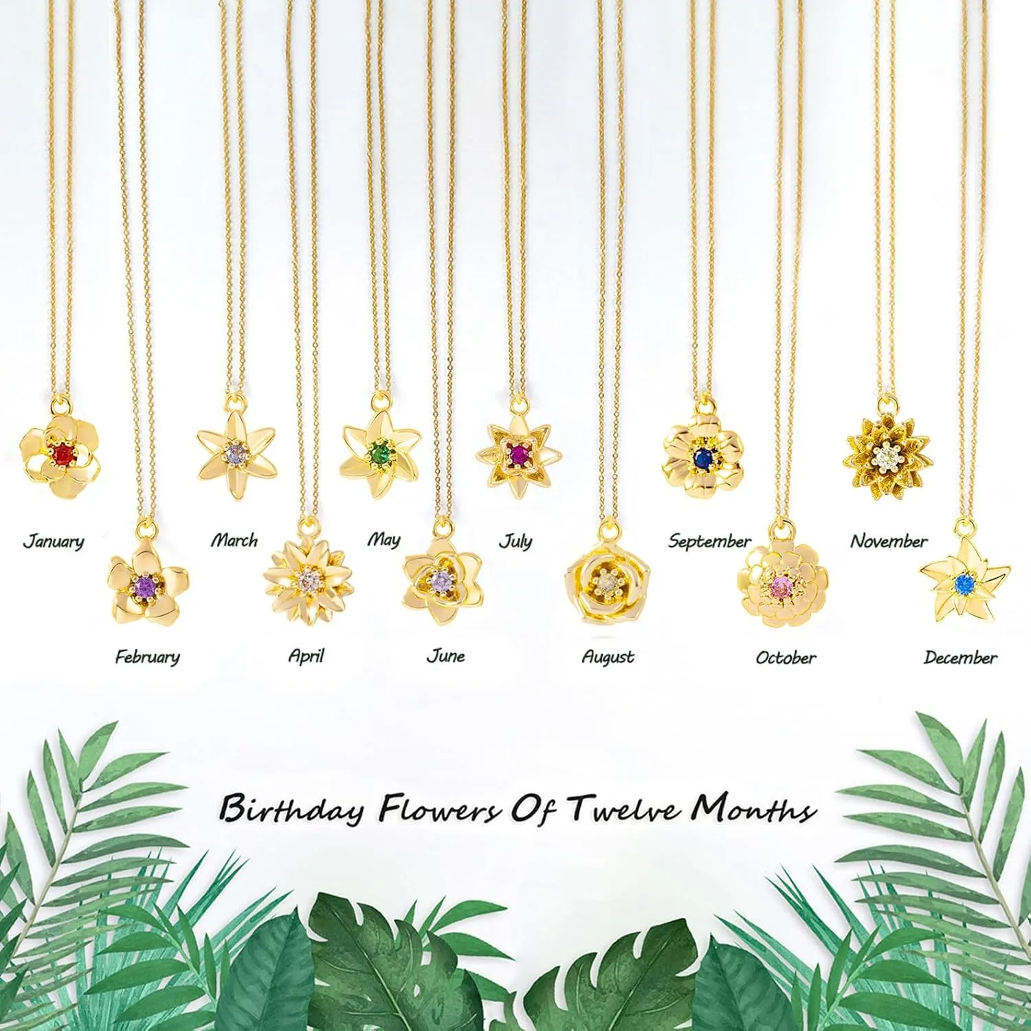 Gold Necklace for Women-14K Gold Plated Dainty Birth Flower Necklace Floral Birthstone Necklace for Women Birth Month Flower Necklace Jewelry