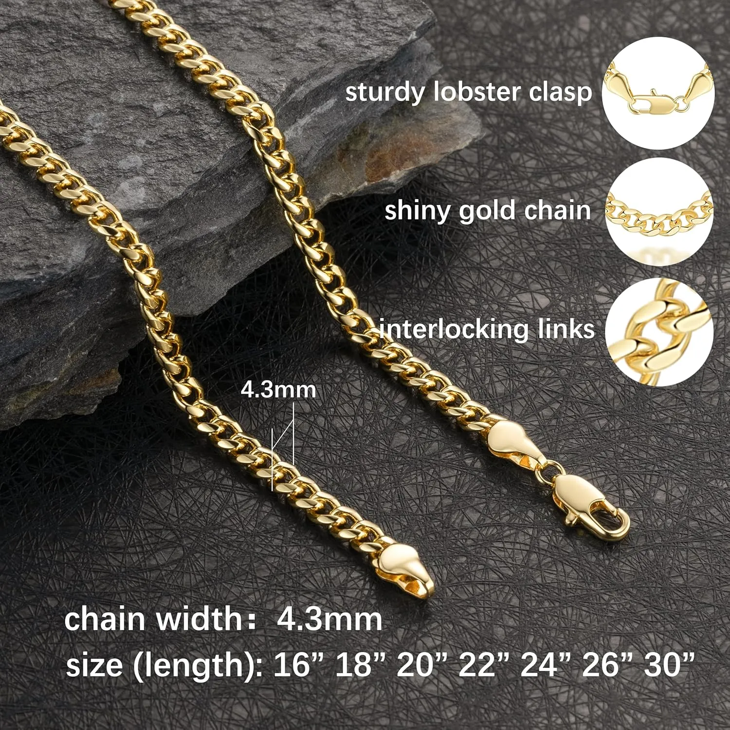 Gold Necklace for Women 4.3mm Wide 14K Gold Cuban Link Chain Necklaces for Men Dual-Gender Non Tarnish Necklaces Men's Necklace Chain 16-30 Inches
