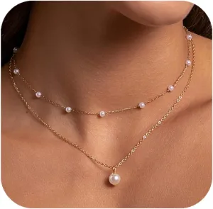 Gold Pearl Necklaces for Women, 18K Gold Plated Layered Necklace for Women Dainty Pearl Choker Necklace Pendant Trendy Simple Jewelry Gifts