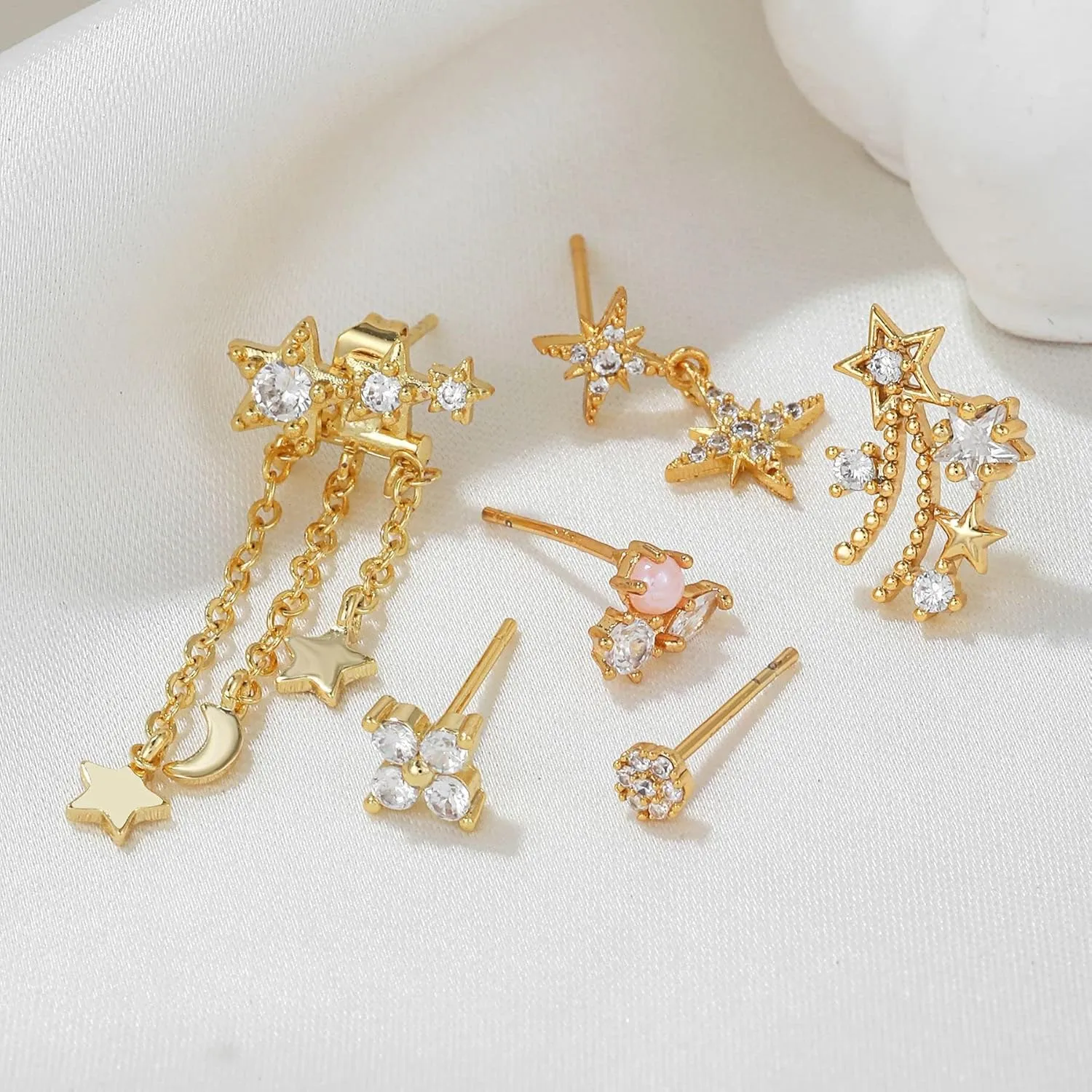 Gold Plated Earrings Dainty Earring Sets for Multiple Piercing Mini Huggie Dangle Hoop with CZ Green Lizard Asymmetrical Cartilage Studs for Women