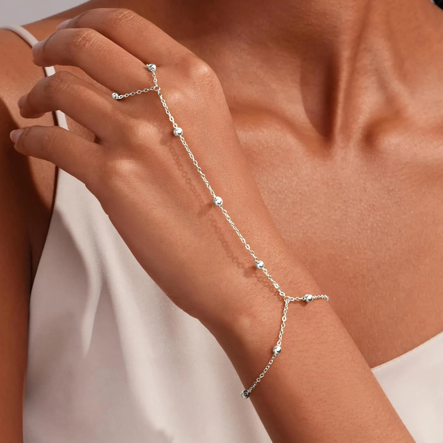 Gold Silver Hand Chain Bracelet for Women, Ring Bracelet Hand Chain Dainty Finger Ring Slave Bracelet Gold Silver Hand Jewelry for Women Trendy