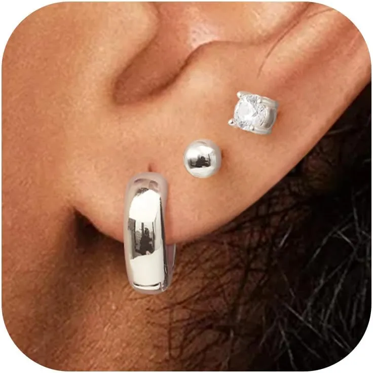 Gold/Silver Hoop Earrings Set for Women,18K Gold Plated Dainty Huggie Earrings Hypoallergenic,Lightweight Stud Earring Stacks for Sensitive Ears Jewelry