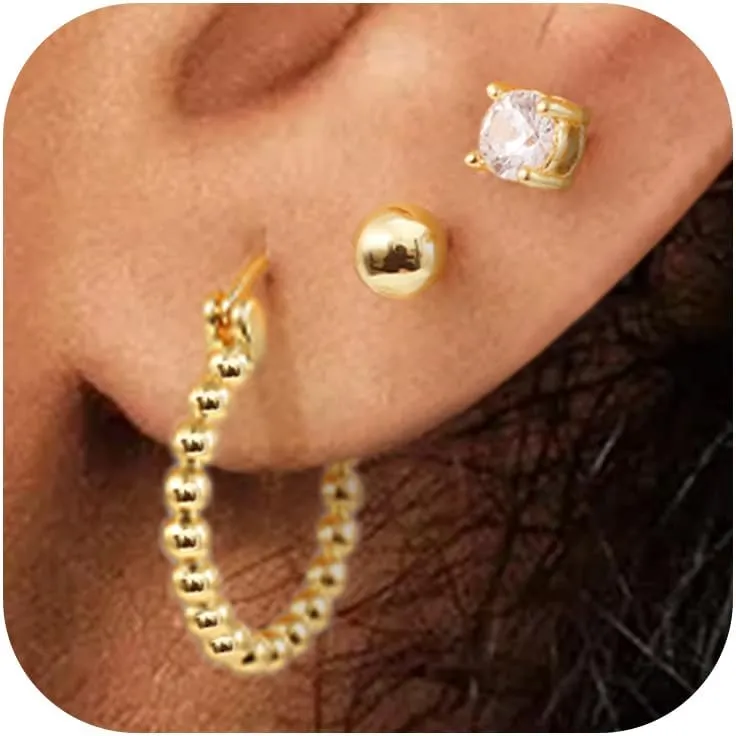 Gold/Silver Hoop Earrings Set for Women,18K Gold Plated Dainty Huggie Earrings Hypoallergenic,Lightweight Stud Earring Stacks for Sensitive Ears Jewelry
