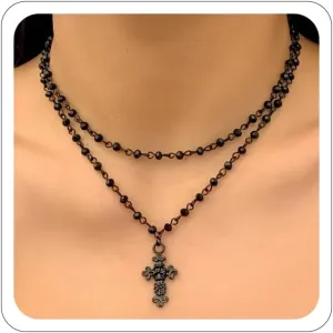 Gothic Cross Necklace Layered Cross Necklaces for Women Goth Bead Cross Choker Punk Hip Hop Necklaces Jewelry