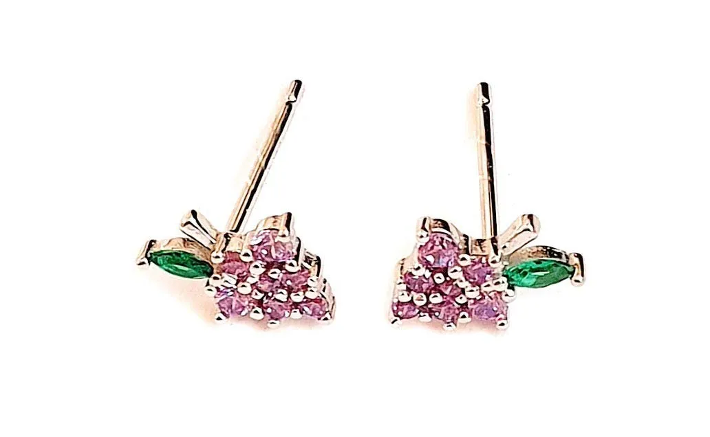 Grape Studs Earrings Purple Cubic Zirconia 925 Sterling Silver Fruit Jewelry Fun Cute Ear Posts