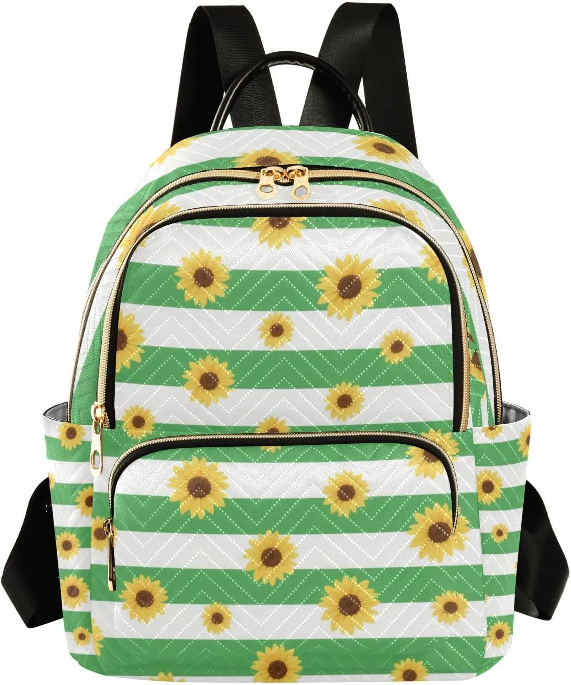 Green White Striped Sunflower 14 Inch waterproof shoulder diaper bag backpack backpacks for college for ladies,teen girls