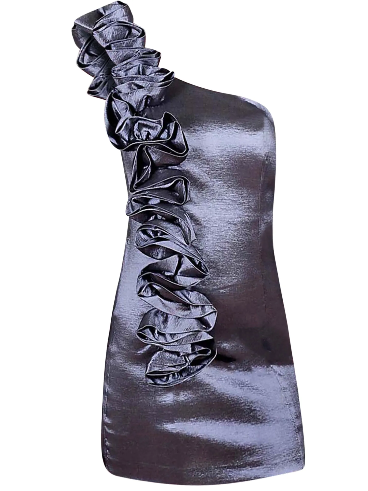 Grey Satin Short One Shoulder Ruffled Formal Dress