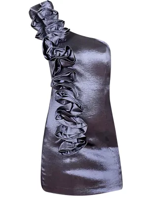 Grey Satin Short One Shoulder Ruffled Formal Dress