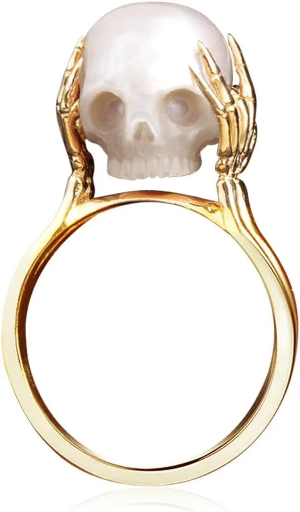 Hand-Carved Skull Pearl Ring - 7mm Freshwater Pearl - Wedding, Promise, Anniversary, Romantic, Punk, Gothic Jewelry Gift