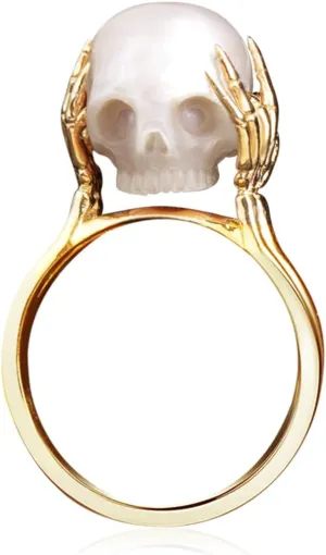 Hand-Carved Skull Pearl Ring - 7mm Freshwater Pearl - Wedding, Promise, Anniversary, Romantic, Punk, Gothic Jewelry Gift