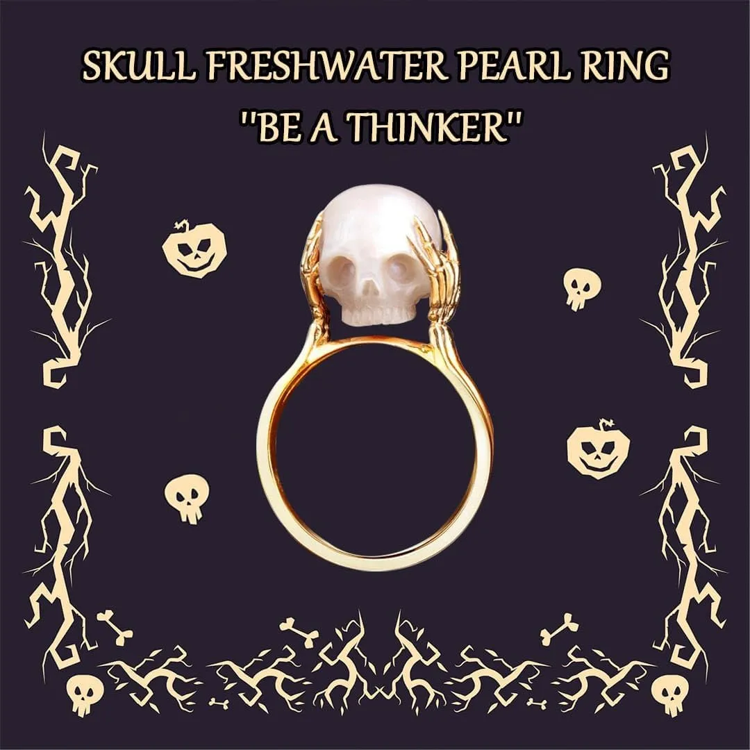Hand-Carved Skull Pearl Ring - 7mm Freshwater Pearl - Wedding, Promise, Anniversary, Romantic, Punk, Gothic Jewelry Gift