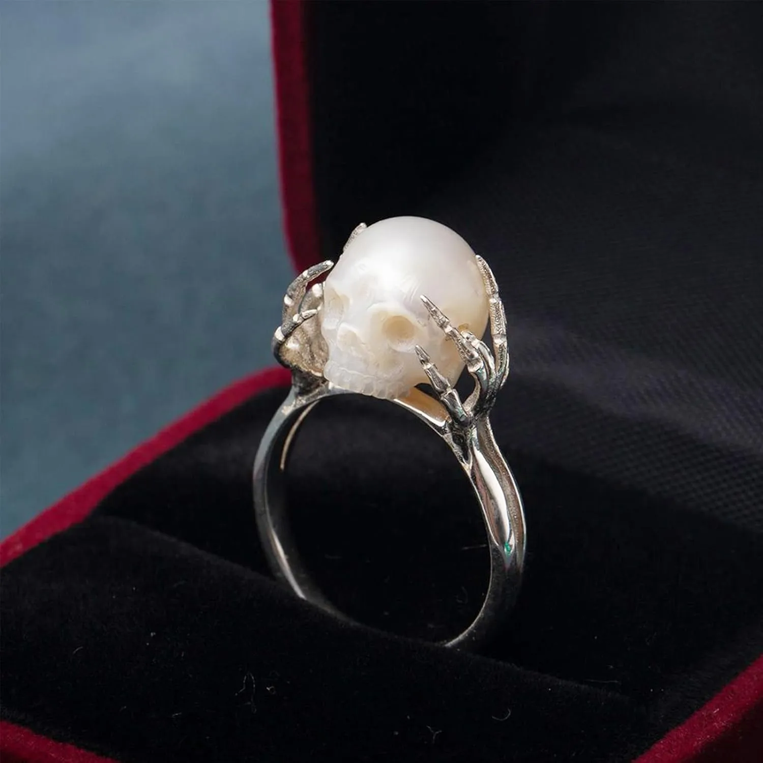 Hand-Carved Skull Pearl Ring - 7mm Freshwater Pearl - Wedding, Promise, Anniversary, Romantic, Punk, Gothic Jewelry Gift